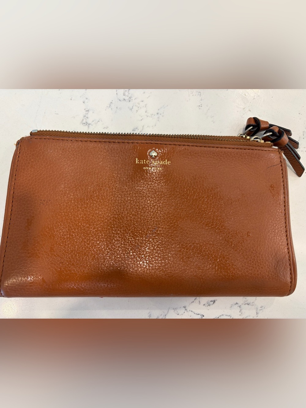 kate spade women’s Tan Pebbled Leather Wallet with Gold Logo